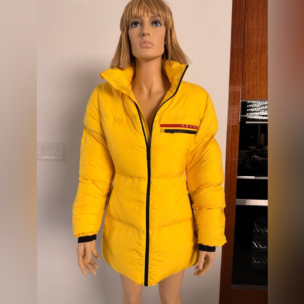Prada Bright Yellow Quilted Puffer Coat with Black Trim sz M